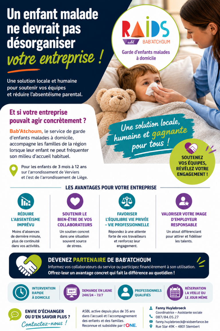 Garde d&rsquo;enfant malade dans l&rsquo;arrondissement de Verviers : Bab&rsquo;Atchoum, la solution locale pour réduire l&rsquo;absentéisme en entreprise